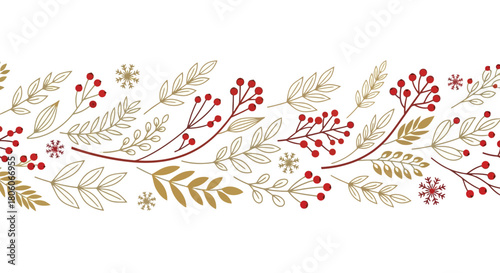 Christmas Festive Border Design Featuring Golden and Red Berries and Leaves