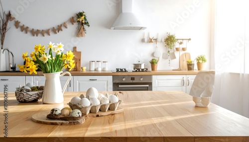 Easter kitchen decor with flowers and painted eggs.