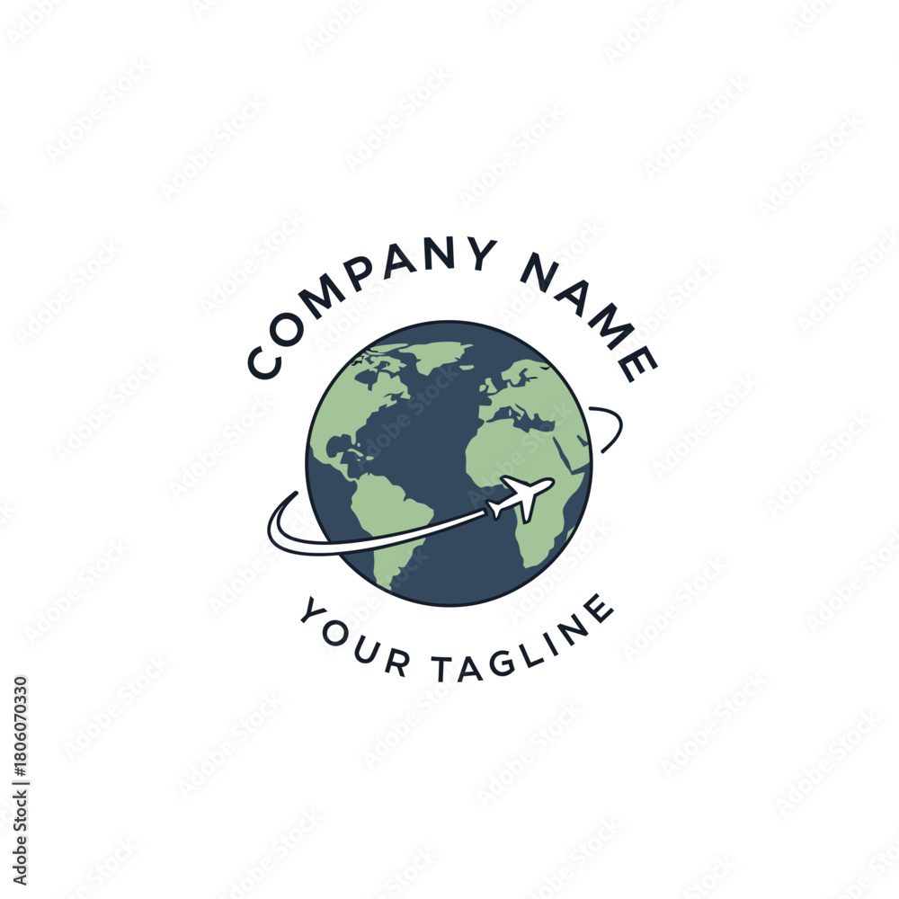 Fototapeta premium Travel agency logo with an airplane flying around planet Earth.