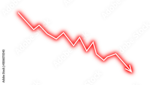 Red neon glowing down fall fluctuated arrow graph line chart concept of stock market business loss, company bankrupt, business crash, business risk, business fall, financial loss. Vector illustration.