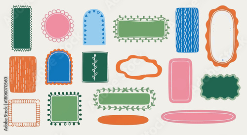 Hand drawn geometric frames, badges, and sticker labels set for graphic design assets