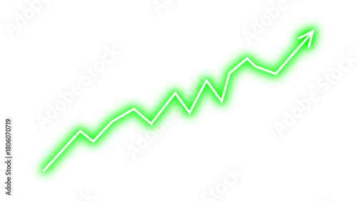 Green neon glowing fluctuated arrow graph line chart moving up concept of stock market business growth, financial profit, economic growth. Business progress green neon arrow sign. Vector illustration.