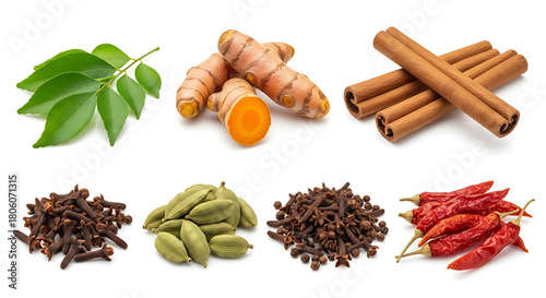 Variety of spices including turmeric cinnamon cloves and chili peppers