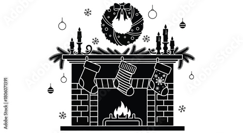 Cozy christmas fireplace with stockings hanging on the mantelpiece and a festive wreath above