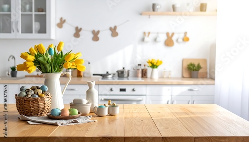 Easter kitchen decor with yellow tulips and painted eggs.