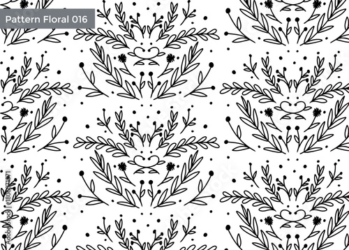 Seamless floral pattern featuring symmetrical arrangements of stylized leaves, stems, and small dots in a black and white color scheme.