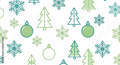 Festive Holiday Seamless Pattern Christmas Trees, Ornaments, and Snowflakes in Green and Teal