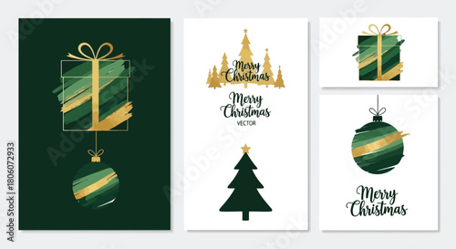 Elegant Christmas Vector Card Collection Festive Gifts, Trees, and Ornaments in Gold and Green