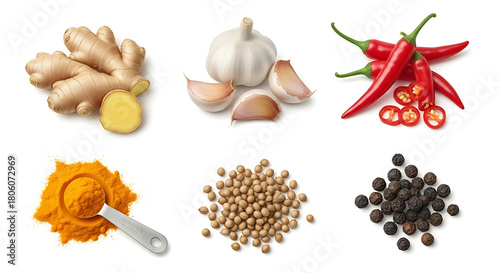 Culinary spices ginger garlic chili peppers turmeric coriander pepper