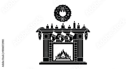 Black silhouette of a decorated christmas fireplace with burning fire and wreath
