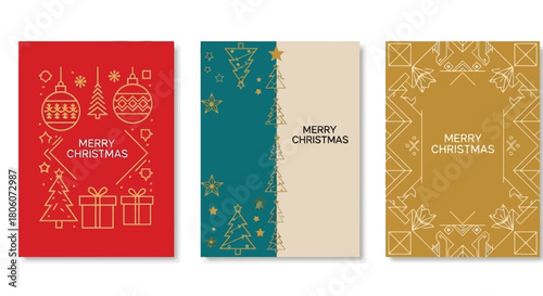Christmas Card Set Festive Designs with Ornaments, Trees, and Gift Boxes for Holiday Greetings