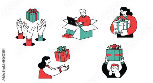 Gift Giving and Receiving Illustrated A Collection of People and Presents in Various Scenarios