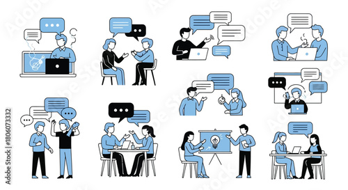 Communication and Collaboration Vector Illustrations Depicting Discussions and Ideas