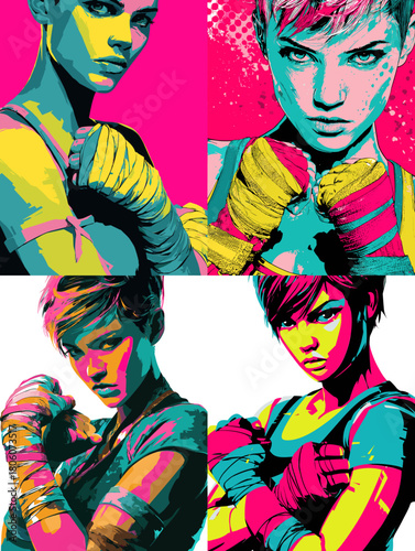 A bold pop art illustration of a female fighter with wrapped hands, shown in vibrant pink, teal, and yellow tones that highlight strength, confidence, and dynamic attitude.