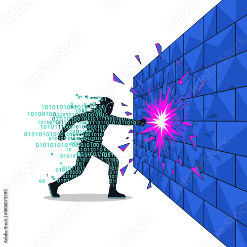A dynamic digital figure, composed of binary code, forcefully breaks through a robust blue brick firewall, illustrating a cybersecurity breach or overcoming a technological barrier.