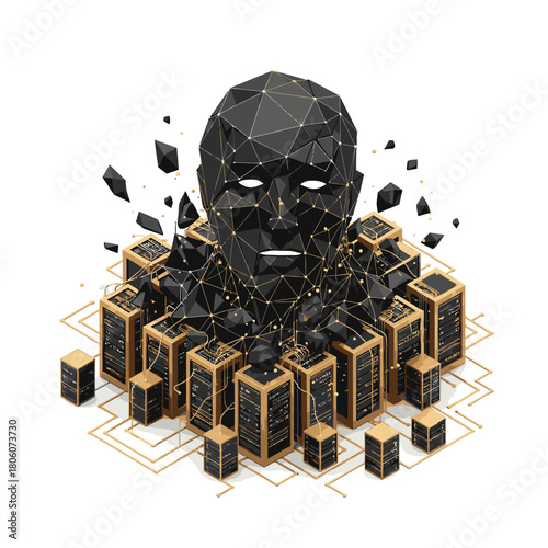 A geometric black head, representing artificial intelligence and digital identity, emerges from a network of server racks, symbolizing advanced technology.