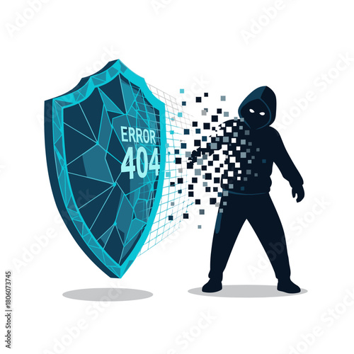 A powerful digital shield with an 'Error 404' message successfully repels a disintegrating hooded hacker, symbolizing robust cybersecurity defense against online threats.