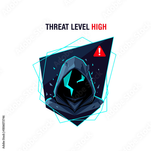 This compelling illustration depicts an anonymous hooded figure, warning of a high digital threat level, symbolizing cybersecurity risks, data breaches, and online hacking.