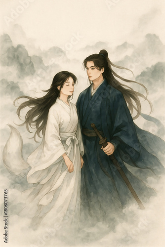 A tranquil illustration of a man with a sword and a woman with a fox tail, standing amidst misty clouds in traditional attire.