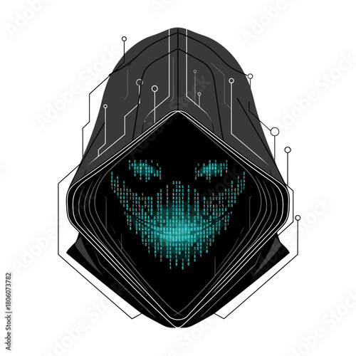 An enigmatic hooded figure with a glowing digital code face, surrounded by futuristic circuit board patterns, symbolizing modern cybersecurity and anonymous online presence.