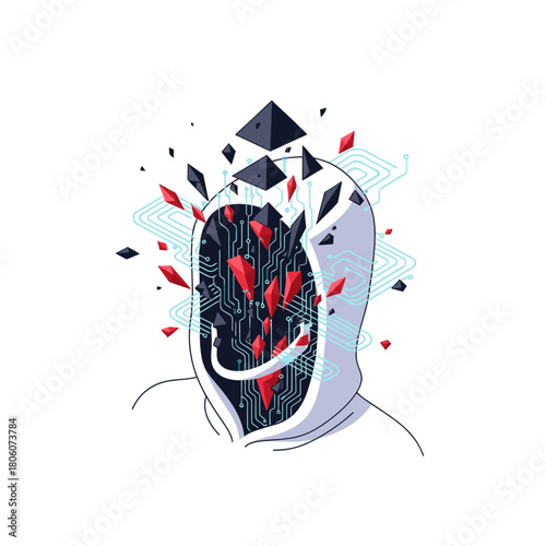 Abstract illustration of a hooded figure with a circuit board head, symbolizing artificial intelligence, data processing, and evolving digital identity.