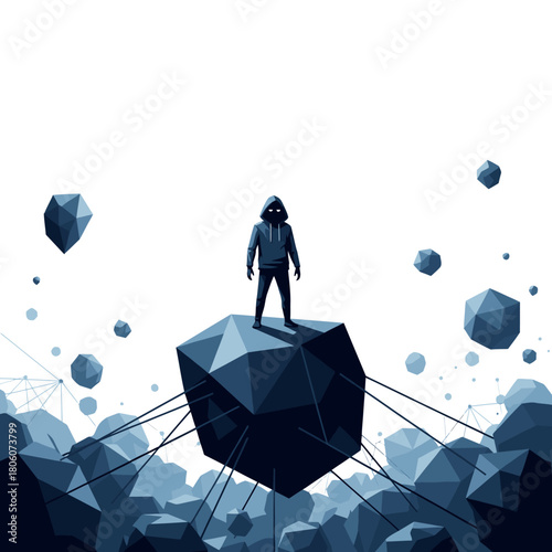 An enigmatic hooded figure stands atop a complex geometric structure, symbolizing digital control and interconnectedness within a vast, abstract network.