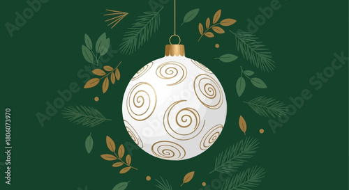 Elegant Christmas Ornament with Swirl Design Surrounded by Festive Greenery on a Dark Green Background