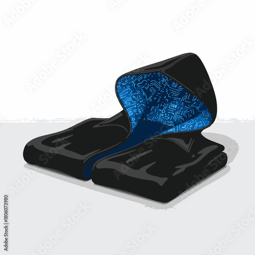 A stylish black hoodie, neatly folded to reveal its vibrant blue patterned lining, rests on a clean white surface, embodying casual fashion and comfort.