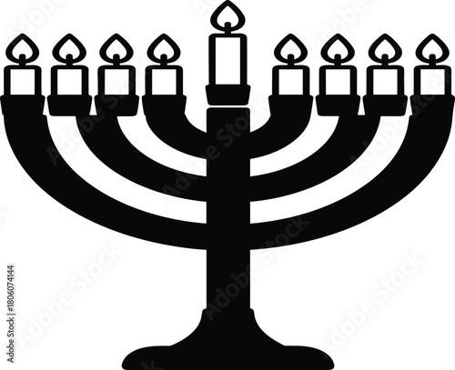“Hanukkah menorah with nine branches, lit candles, Jewish religious candelabrum silhouette, black vector illustration, cultural heritage, tradition, celebration symbol”