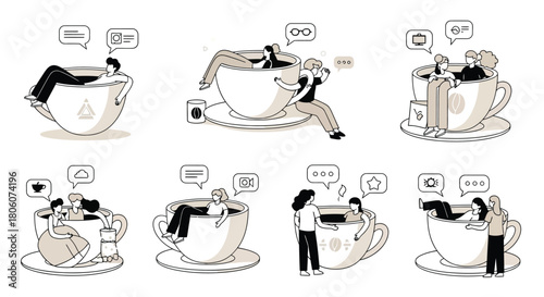 Coffee break and social interaction concept People relaxing in giant coffee cups, chatting
