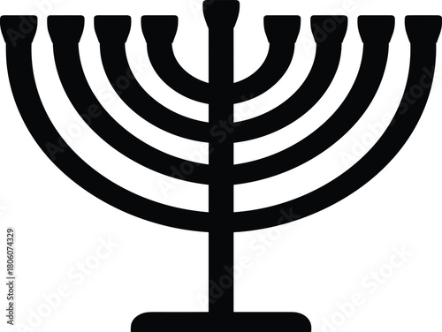 “Traditional seven branch menorah silhouette, Jewish religious candelabrum symbol, black vector illustration, cultural heritage design, enlightenment, wisdom, divine inspiration”