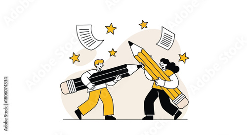Teamwork and Writing Illustration of Two People Collaborating with Pencils and Paper