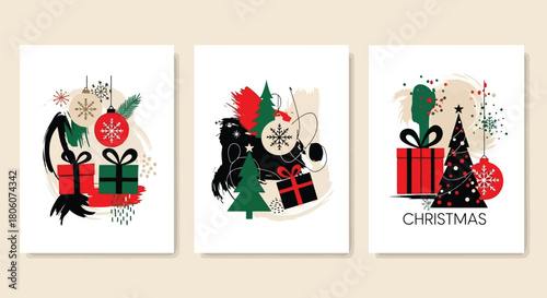 Festive Christmas Abstract Art Gift Boxes, Ornaments, and Evergreen Trees for Holiday Decor