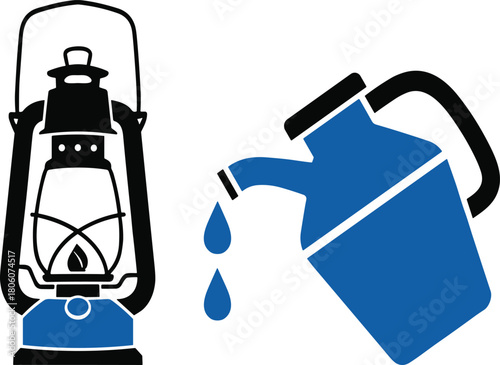 “Vintage oil lantern silhouette with flame, fuel canister pouring droplets, black and blue vector illustration, energy, lighting, heritage, cultural symbol”