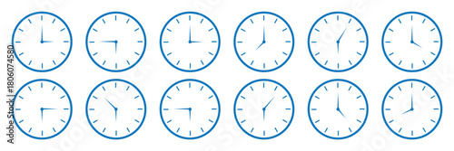 Set of round clocks faces, stopwatch with different time. Clock hands icons.Time simple graphic circle sign, symbol. Watch face illustration. Noon, morning, evening time watch patterns. Hour icon