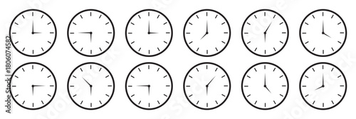 Set of round clocks faces, stopwatch with different time. Clock hands icons.Time simple graphic circle sign, symbol. Watch face illustration. Noon, morning, evening time watch patterns. Hour icon