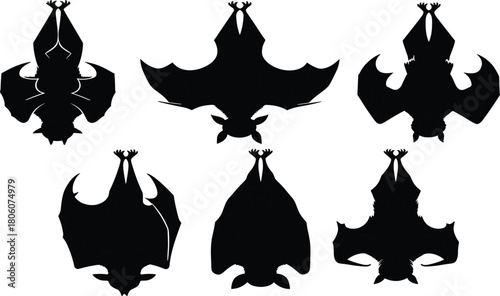 Bat silhouettes hanging upside down, flying fox, nocturnal wildlife, spooky Halloween vector illustration, gothic nature design, dark animal graphic art