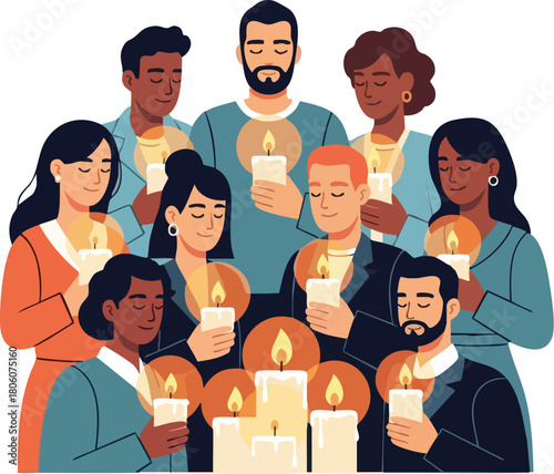 Diverse group of people holding lit candles in a solidarity gesture with a calm and peaceful mood against a clean white background.