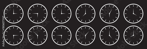 Set of round clocks faces, stopwatch with different time. Clock hands icons.Time simple graphic circle sign, symbol. Watch face illustration. Noon, morning, evening time watch patterns. Hour icon