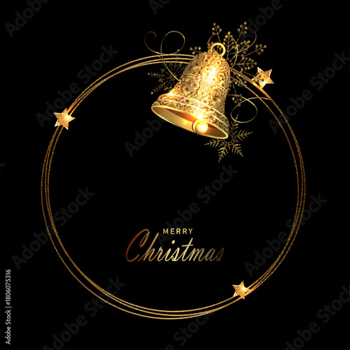 Merry Christmas. Isolated round frame with golden bell.
