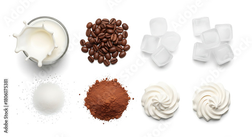 Coffee ingredients milk splash beans ice cubes cocoa cream sugar