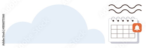 Cloud shape connected to wavy lines above a calendar marked with a notification bell. Ideal for scheduling, reminders, productivity, time management, organization, digital storage, simple flat