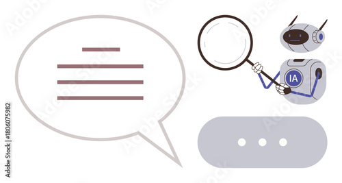 Robot holding magnifying glass analyzing speech bubble with text and loading indicator. Ideal for AI, chatbot, machine learning, research, automation, communication, and data analysis, simple flat