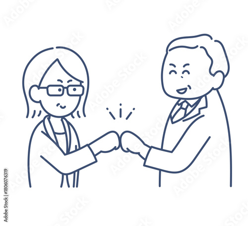 グータッチをする40代のビジネスウーマンとビジネスマンのイラスト　線画のみ