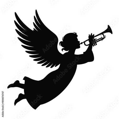 Angel flying with trumpet Vector, Silhouette, Illustration