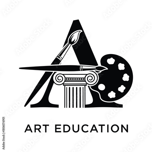 Art education logo featuring a stylized letter a with artistic tools and classical column