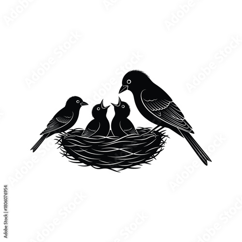 Black silhouette of a mother bird feeding her hungry chicks in a nest on a white background
