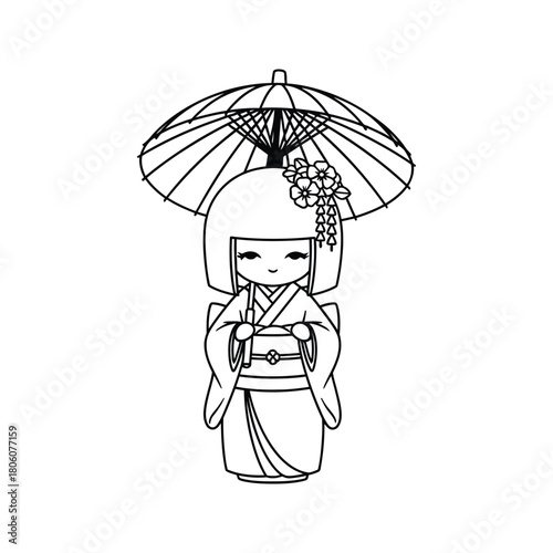 Charming black and white illustration of a traditional japanese kokeshi doll wearing a kimono and holding an umbrella