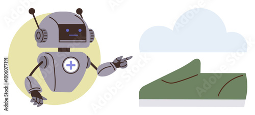 Robot with medical symbol pointing at modern green shoe beneath abstract cloud. Ideal for technology, fashion, AI, healthcare, sustainability, futuristic innovation, learning. Simple flat metaphor