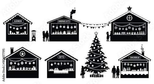 Collection of festive christmas market stalls and a decorated evergreen tree with silhouettes of people